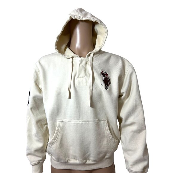 U.S. Polo Assn. Men’s Vtg  Hoodie Cream M Long Sleeve Embroidered Logo 2-Button - Picture 1 of 16